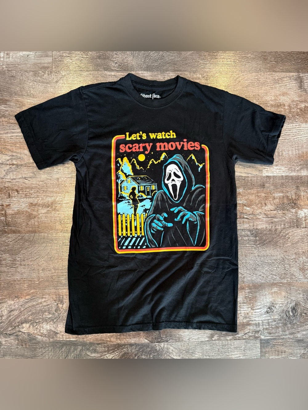 Ghost Face Unisex Black Graphic T-shirt “Let’s Watch Scary Movies” Small Horror